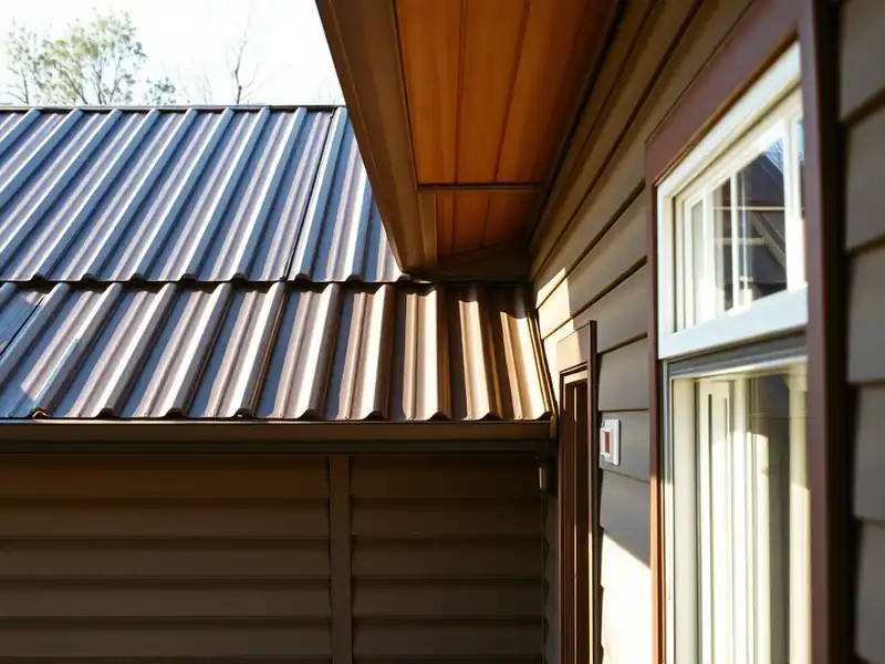 Illustration of close-up of materials and finishes of house with a standing-seam metal roof in a 1976-era home