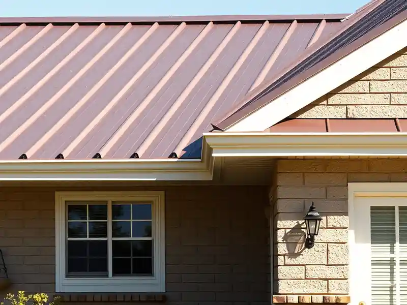 Illustration of close-up of materials and finishes of house with a standing-seam metal roof in a 1976-era home