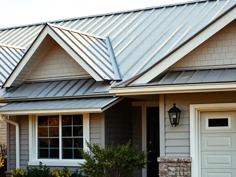Illustration of close-up of materials and finishes of house with a standing-seam metal roof in a 1976-era home