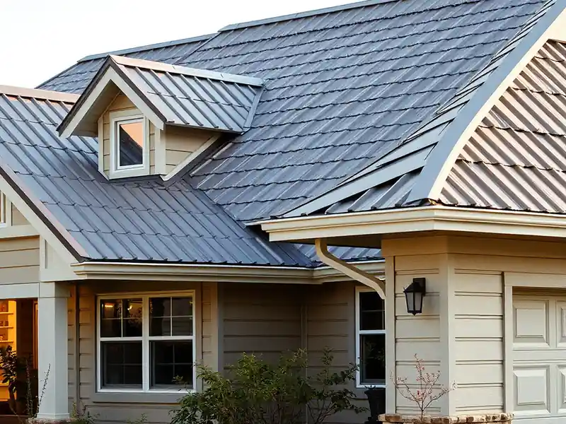 Illustration of close-up of materials and finishes of house with a standing-seam metal roof in a 1976-era home