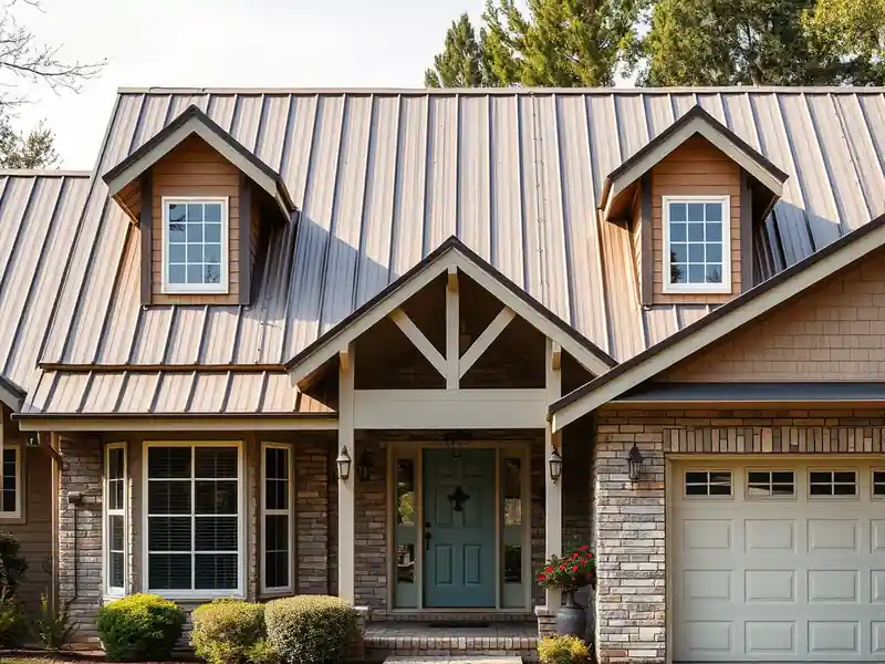 Illustration of close-up of materials and finishes of house with a standing-seam metal roof in a 1976-era home