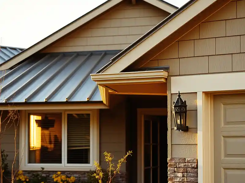 Illustration of close-up of materials and finishes of house with a standing-seam metal roof in a 1976-era home